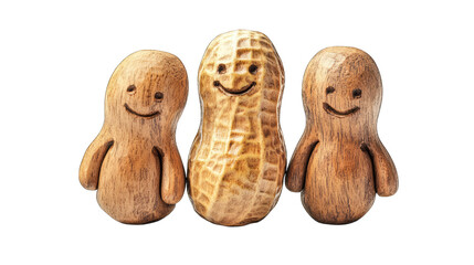 Three whimsical wooden peanut characters with smiling faces. set against a clean background. showcasing a playful and cheerful theme suitable for childrens products or food-related designs