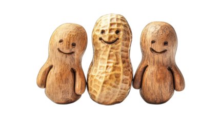 Three whimsical wooden peanut characters with smiling faces. set against a clean background. showcasing a playful and cheerful theme suitable for childrens products or food-related designs