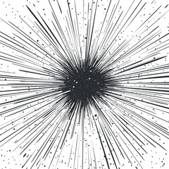 Obraz premium Black and white explosion burst with radiating lines and scattered dots creating dynamic starburst effect.