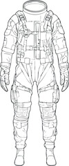 Outline drawing of a detailed astronaut spacesuit with gloves, boots, and multiple straps and pockets