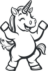Happy cartoon unicorn with raised arms and joyful expression in black and white line art style