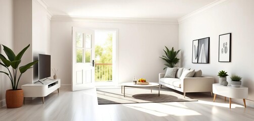 Fototapeta premium Bright white door opens to minimalist living room with natural light, modern furniture, bright room, open plan