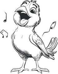 Black and white cartoon bird singing happily with musical notes around it in sketch style