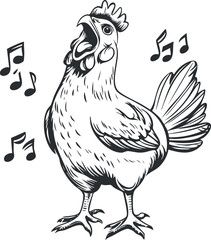 Black and white line illustration of a rooster singing with musical notes around it