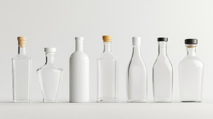 Seven Glass Bottles Clear and White Containers on White Background