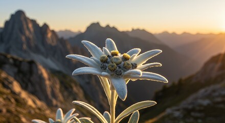 Blooming Flower in Mountain Landscape at Golden Hour