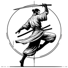 Samurai sword dancer performing dynamic moves in a circular design  