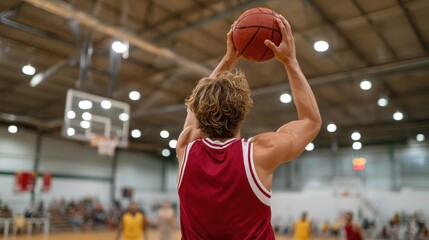 Young Basketball Player Preparing to Shoot from the Free-Throw Line in Indoor Basketball Court