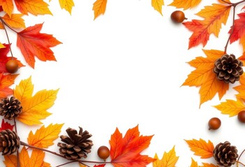 Autumn leaves, acorns, pine cones border white background flat lay, image, harvest