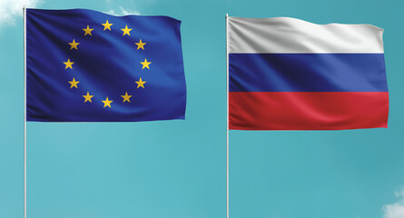 European union (eu) and ukraine flags in the sky. Concept of diplomatic relations between eu and ukraine