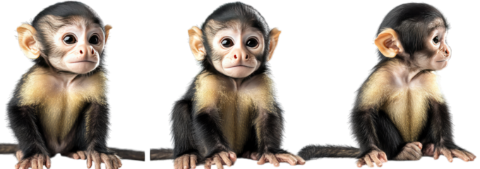 A trio of young monkeys sitting side by side on a branch. showcasing their curious expressions and playful demeanor. with a blurred natural background enhancing their lively appearance