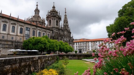 Obraz premium Exterior of a historic monastery complex with lush gardens and mature trees under a cloudy sky. A stone wall, flowerbeds, and a grassy area surround the building