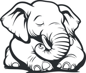 Illustration of a cute baby elephant sleeping peacefully with its trunk curled up