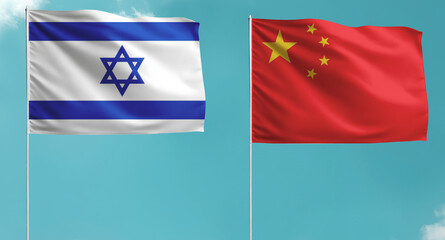 Israel and Chinese flag waving in the sky