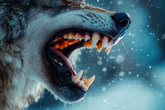 A close-up of a wolf's ferocious snarl, revealing sharp teeth against a wintry, blurred background.
