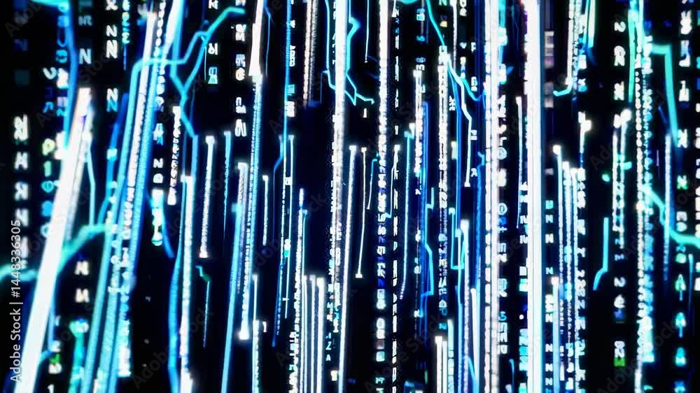 Wall mural futuristic video concept with glowing blue data streams cascading vertically. close-up angle enhance