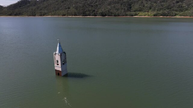 Submerged church tower in Sideropolis, Nova Veneza, Santa Catarina. Flooded church. Aerial view.