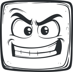 Black and white cartoon square face with angry eyebrows and a mischievous grin expression
