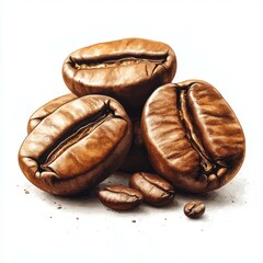 Coffee beans stacked artistically on a white background showcasing their rich texture and deep brown color
