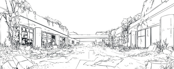 Fototapeta premium Black and white line art of an abandoned urban street with overgrown plants and decaying buildings