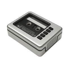 Portable silver analog recorder, a classic electronic device for voice memos and music playback on tape.