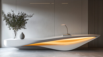 A white desk with a vase of green leaves and a lamp on it