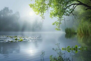 Fototapeta premium Misty morning over tranquil lake landscape