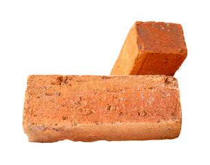 Side view of two old red or orange bricks isolated on white background with clipping path