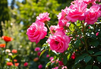Fototapeta premium Sunlight dapples vibrant pink and red roses in a tranquil garden setting, red, garden