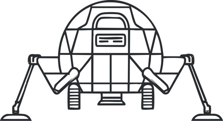 Black and white line drawing of a robotic spacecraft lander used for space exploration missions on planetary surfaces. © vadymstock