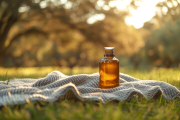 This captivating image showcases a bottle gracefully positioned on a plush blanket, offering a versatile visual representation of tranquility, leisurely picnics, and invigorating outdoor pursuits    