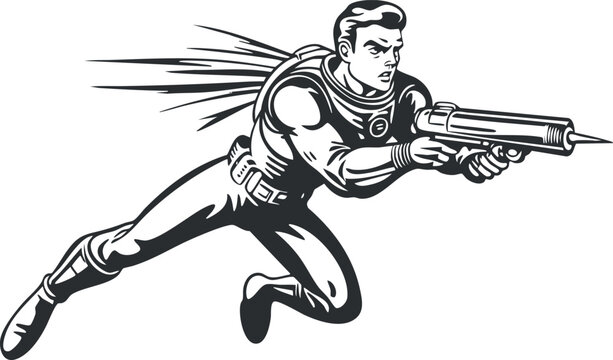 Retro style black and white illustration of a man in a space suit flying with a jetpack and firing a laser gun in action