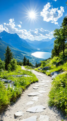 Fototapeta premium Sunlit mountain path descends to a tranquil lake nestled in a valley, surrounded by lush greenery and majestic peaks under a vibrant blue sky