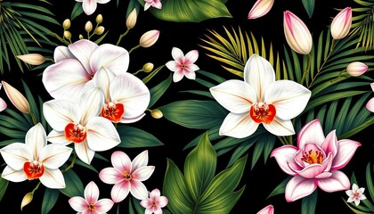 Elegant black background tropical floral seamless pattern featuring white orchids, lotus, and palm leaves , illustration, leaves