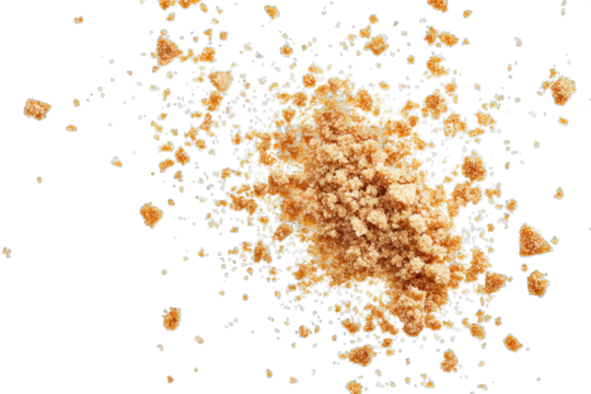 A dynamic explosion of brown sugar granules dispersing in all directions. showcasing the texture and color variations against a transparent background. ideal for culinary or food-related projects
