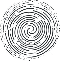 Black and white abstract spiral swirl pattern with concentric circular lines and dots design