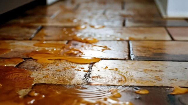 Close-up of spill on rectangular tile floor surface, yellow translucent liquid spreading across grouted floor, messy home accident scene