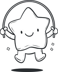 Cute cartoon star character happily jumping rope with a smile in a simple black and white line art style