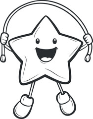 Cartoon star character happily jumping rope in playful and energetic exercise activity