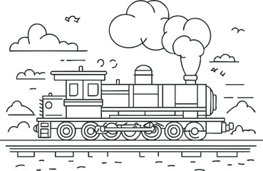 Naklejka premium Black and white line drawing of a vintage steam locomotive train on railroad tracks with clouds and birds in the background