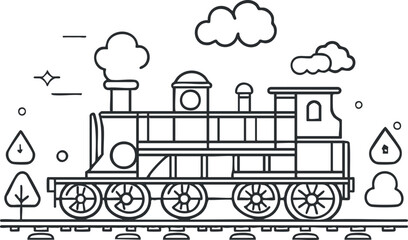 Naklejka premium Black and white line drawing of a vintage steam locomotive train on railroad tracks with clouds and nature elements