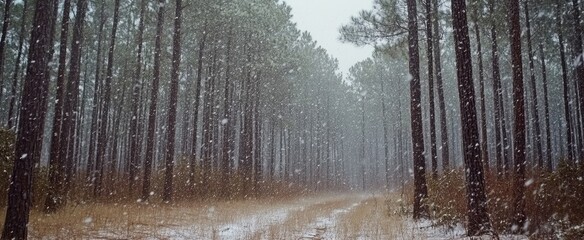 Snowy forest path in winter.