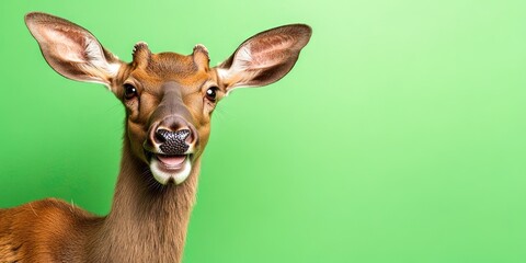 Fototapeta premium A elk is taking selfie, smiling, isolated on a plain green background, natural lighting 