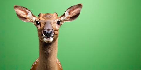 Naklejka premium A elk is taking selfie, smiling, isolated on a plain green background, natural lighting 