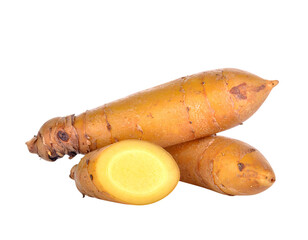 Fresh galangal, one piece cut into slices placed on a white background or png.