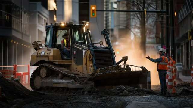 Construction Zone: A large yellow bulldozer idles amidst the dust and debris of a busy urban construction zone, as a worker in a hi-vis vest directs traffic.