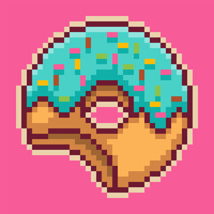 Retro pixel art donut. Rendered in a classic 8-bit style, it features vibrant blue icing, colorful sprinkles, and a playful bite taken out.