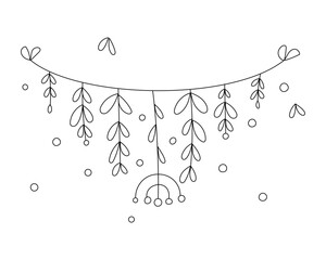 Linear garland of flowers, leaves, abstract geometric figures on a thread. For postcards, coloring books