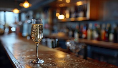 Single Glass of Sparkling Wine on a Bar Counter in a Cozy Pub Setting
