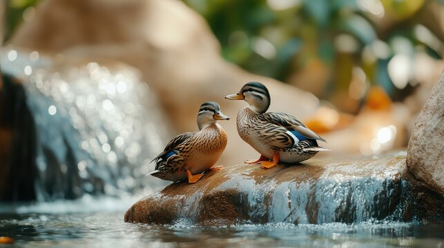 Two ducks perched on a rock by a gentle waterfall